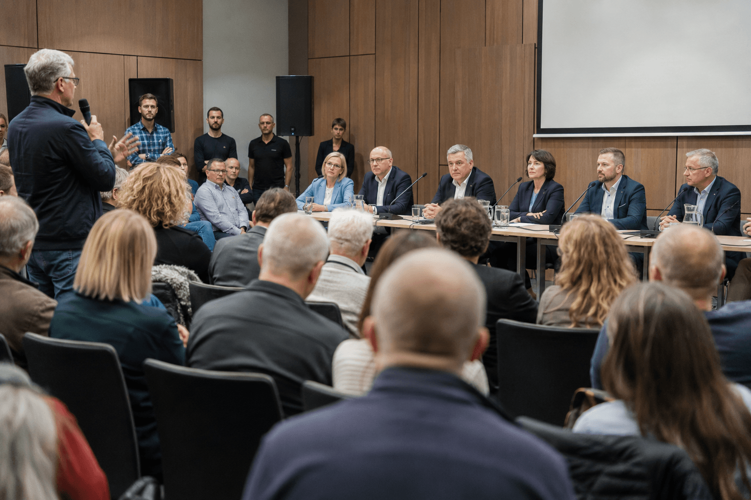 Publiczna debata z udziałem uczestników i mikrofonem