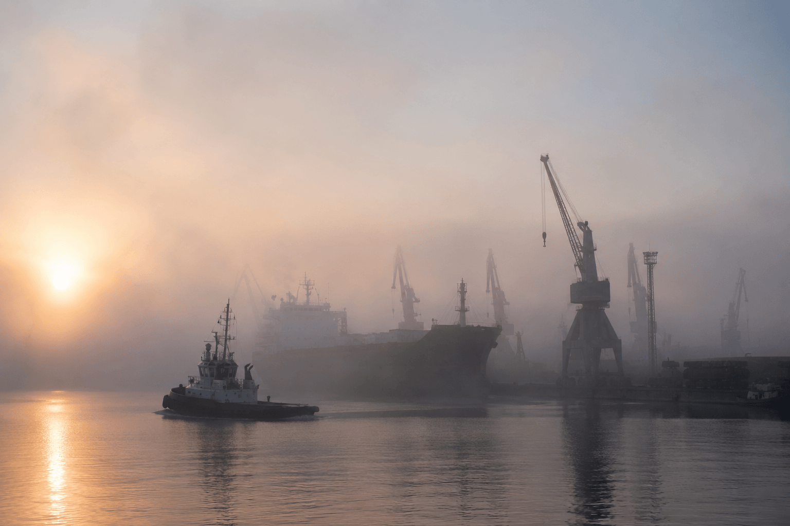 Mgła nad nabrzeżem portowym