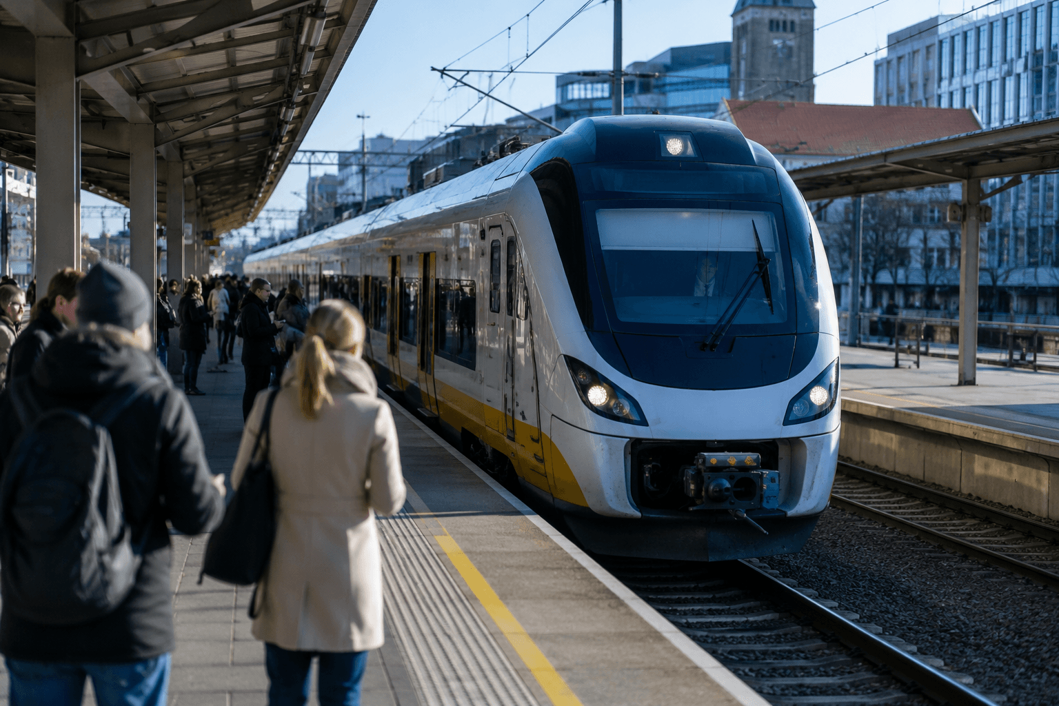 Peron kolejowy z oczekującymi pasażerami